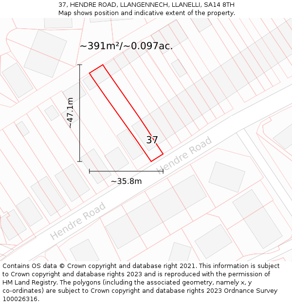 37, HENDRE ROAD, LLANGENNECH, LLANELLI, SA14 8TH: Plot and title map