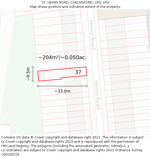 37, HENRY ROAD, CHELMSFORD, CM1 1RG: Plot and title map