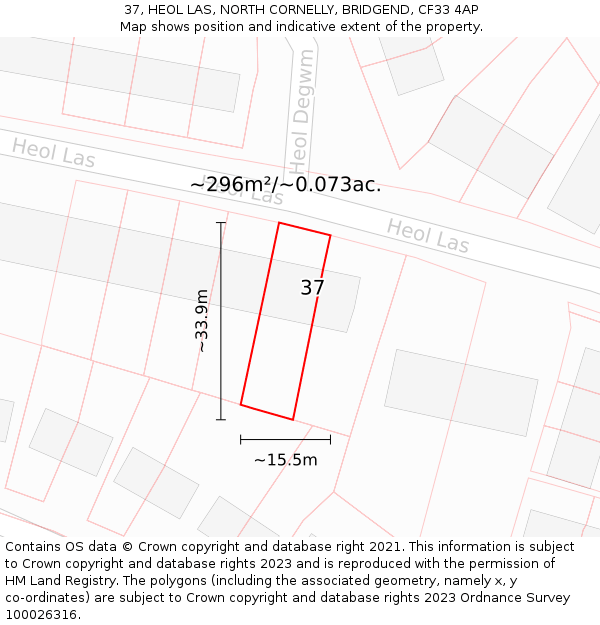 37, HEOL LAS, NORTH CORNELLY, BRIDGEND, CF33 4AP: Plot and title map
