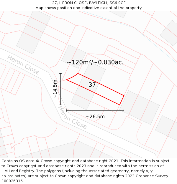 37, HERON CLOSE, RAYLEIGH, SS6 9GF: Plot and title map