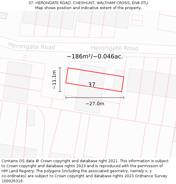 37, HERONGATE ROAD, CHESHUNT, WALTHAM CROSS, EN8 0TU: Plot and title map