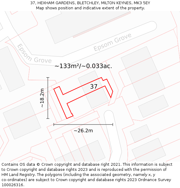 37, HEXHAM GARDENS, BLETCHLEY, MILTON KEYNES, MK3 5EY: Plot and title map