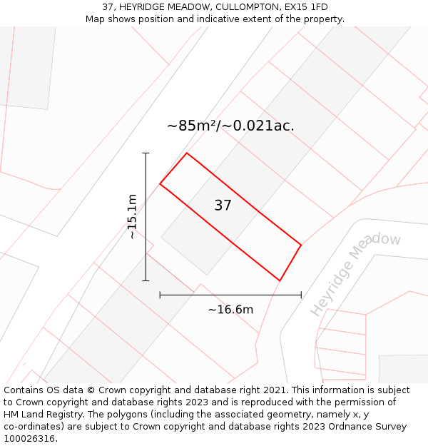 37, HEYRIDGE MEADOW, CULLOMPTON, EX15 1FD: Plot and title map