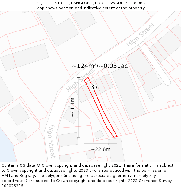 37, HIGH STREET, LANGFORD, BIGGLESWADE, SG18 9RU: Plot and title map