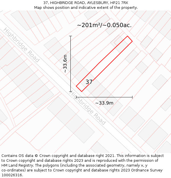 37, HIGHBRIDGE ROAD, AYLESBURY, HP21 7RX: Plot and title map