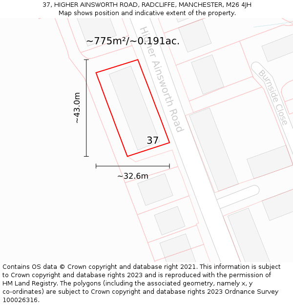 37, HIGHER AINSWORTH ROAD, RADCLIFFE, MANCHESTER, M26 4JH: Plot and title map