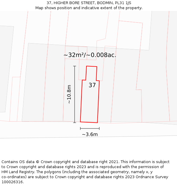 37, HIGHER BORE STREET, BODMIN, PL31 1JS: Plot and title map