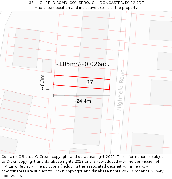 37, HIGHFIELD ROAD, CONISBROUGH, DONCASTER, DN12 2DE: Plot and title map