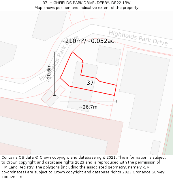 37, HIGHFIELDS PARK DRIVE, DERBY, DE22 1BW: Plot and title map