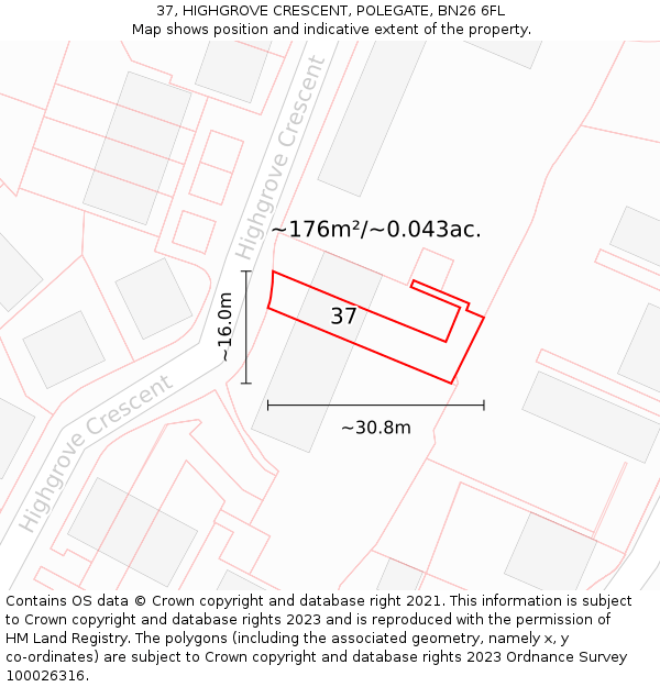 37, HIGHGROVE CRESCENT, POLEGATE, BN26 6FL: Plot and title map