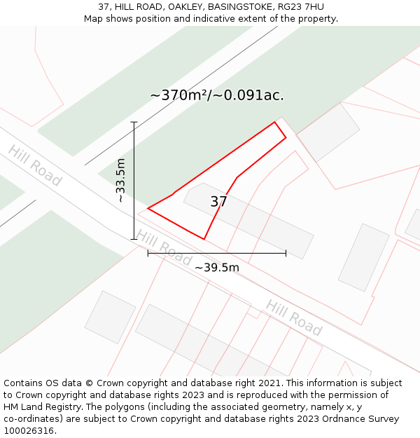 37, HILL ROAD, OAKLEY, BASINGSTOKE, RG23 7HU: Plot and title map