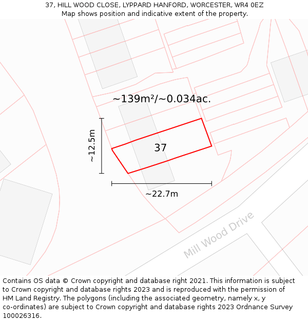 37, HILL WOOD CLOSE, LYPPARD HANFORD, WORCESTER, WR4 0EZ: Plot and title map