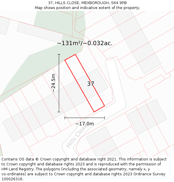 37, HILLS CLOSE, MEXBOROUGH, S64 9PB: Plot and title map