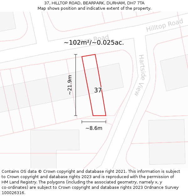 37, HILLTOP ROAD, BEARPARK, DURHAM, DH7 7TA: Plot and title map