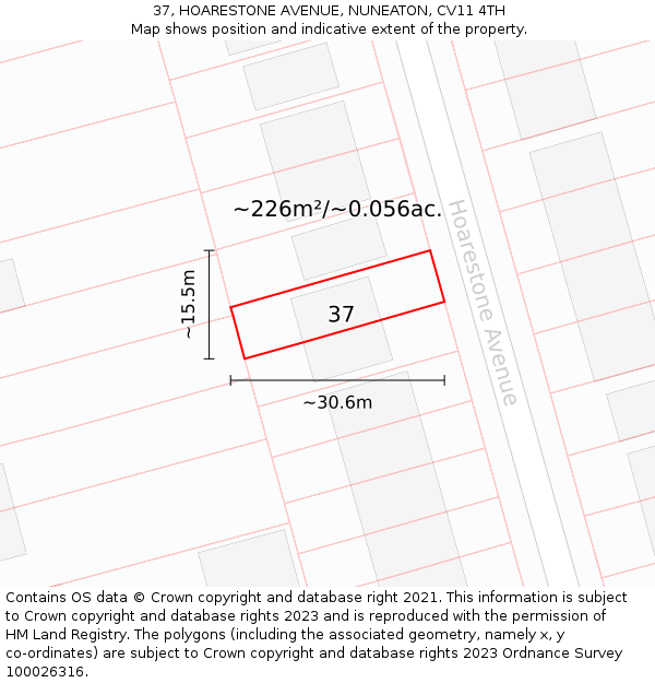 37, HOARESTONE AVENUE, NUNEATON, CV11 4TH: Plot and title map