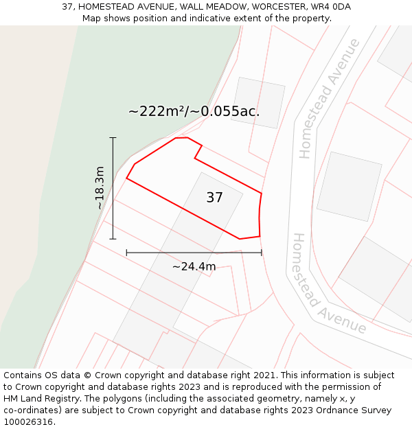 37, HOMESTEAD AVENUE, WALL MEADOW, WORCESTER, WR4 0DA: Plot and title map