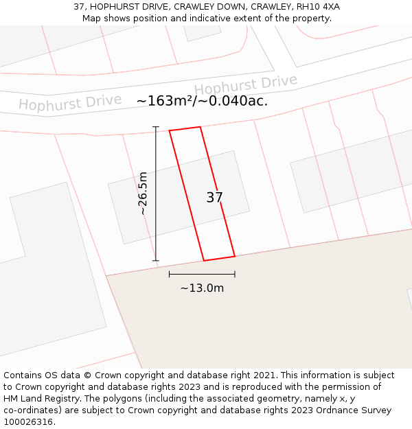 37, HOPHURST DRIVE, CRAWLEY DOWN, CRAWLEY, RH10 4XA: Plot and title map