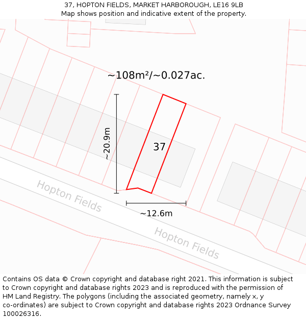 37, HOPTON FIELDS, MARKET HARBOROUGH, LE16 9LB: Plot and title map