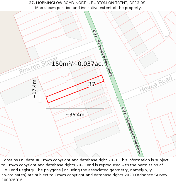37, HORNINGLOW ROAD NORTH, BURTON-ON-TRENT, DE13 0SL: Plot and title map