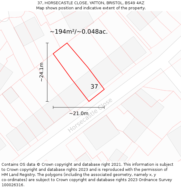 37, HORSECASTLE CLOSE, YATTON, BRISTOL, BS49 4AZ: Plot and title map