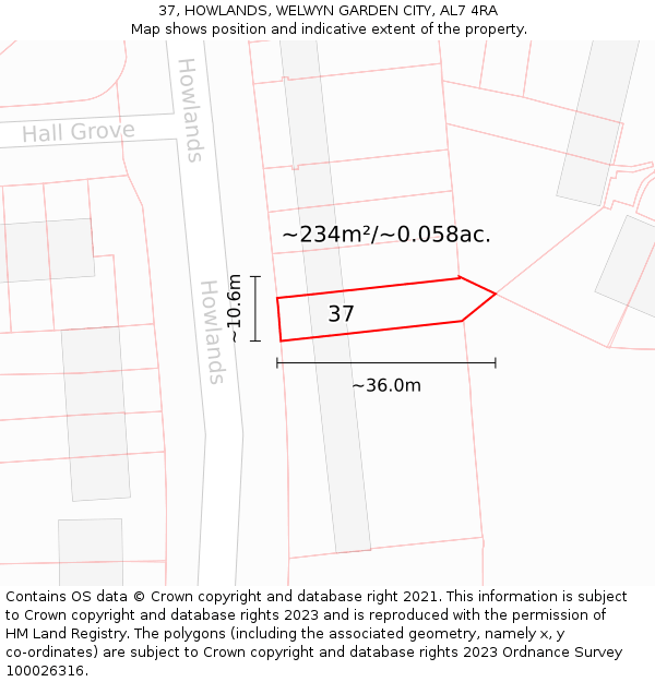 37, HOWLANDS, WELWYN GARDEN CITY, AL7 4RA: Plot and title map