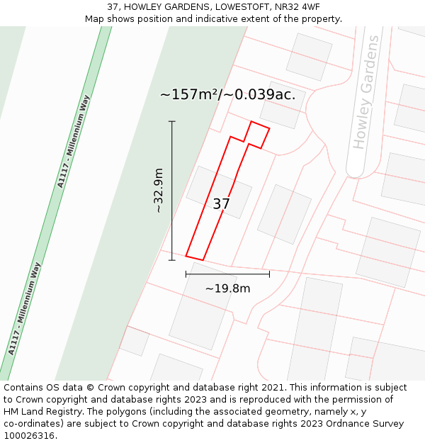 37, HOWLEY GARDENS, LOWESTOFT, NR32 4WF: Plot and title map