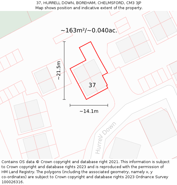 37, HURRELL DOWN, BOREHAM, CHELMSFORD, CM3 3JP: Plot and title map