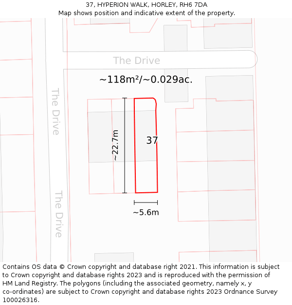 37, HYPERION WALK, HORLEY, RH6 7DA: Plot and title map