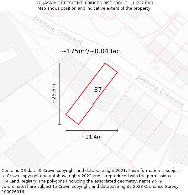 37, JASMINE CRESCENT, PRINCES RISBOROUGH, HP27 0AB: Plot and title map