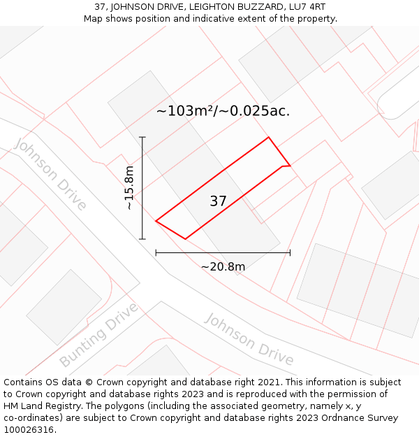 37, JOHNSON DRIVE, LEIGHTON BUZZARD, LU7 4RT: Plot and title map