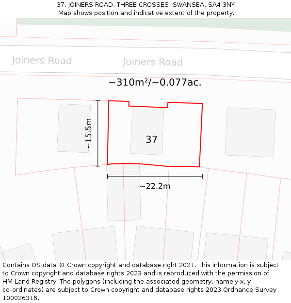 37, JOINERS ROAD, THREE CROSSES, SWANSEA, SA4 3NY: Plot and title map