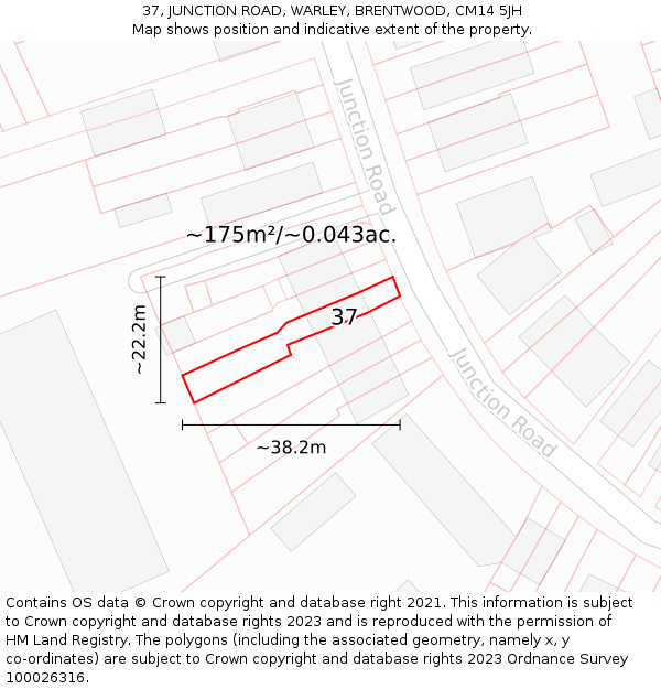 37, JUNCTION ROAD, WARLEY, BRENTWOOD, CM14 5JH: Plot and title map