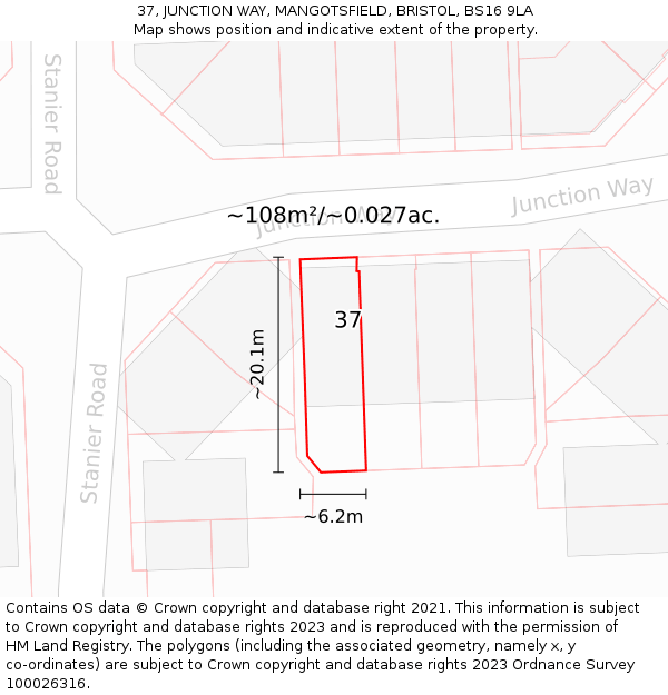 37, JUNCTION WAY, MANGOTSFIELD, BRISTOL, BS16 9LA: Plot and title map