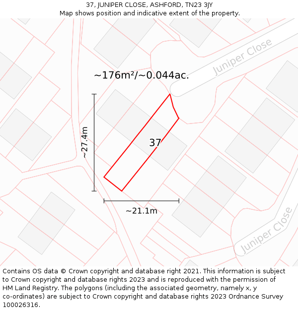 37, JUNIPER CLOSE, ASHFORD, TN23 3JY: Plot and title map