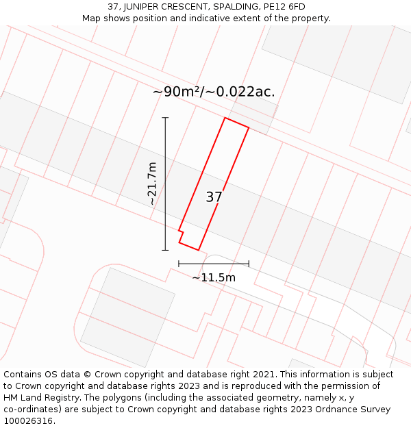 37, JUNIPER CRESCENT, SPALDING, PE12 6FD: Plot and title map