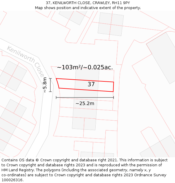 37, KENILWORTH CLOSE, CRAWLEY, RH11 9PY: Plot and title map