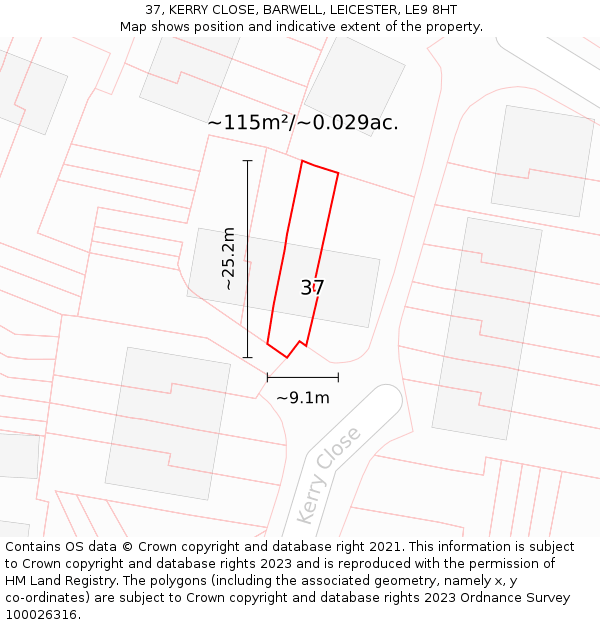 37, KERRY CLOSE, BARWELL, LEICESTER, LE9 8HT: Plot and title map