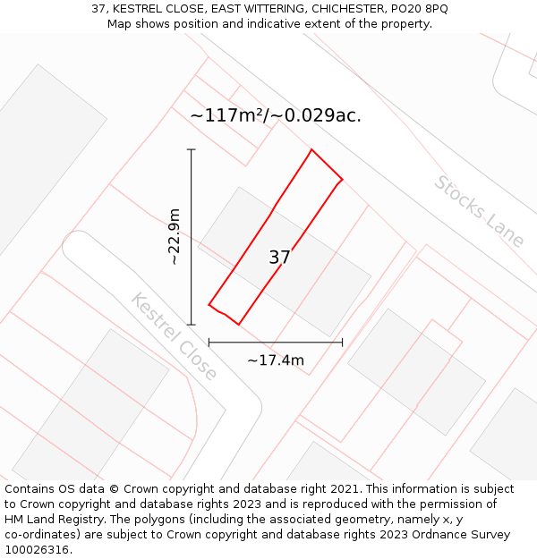 37, KESTREL CLOSE, EAST WITTERING, CHICHESTER, PO20 8PQ: Plot and title map