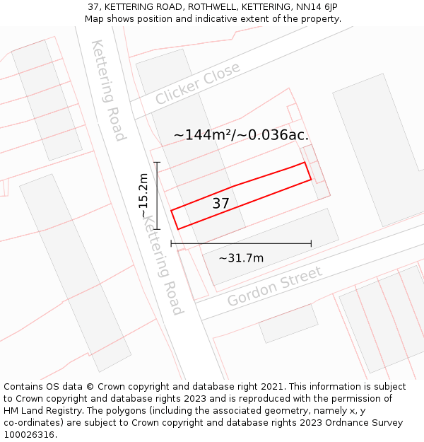 37, KETTERING ROAD, ROTHWELL, KETTERING, NN14 6JP: Plot and title map
