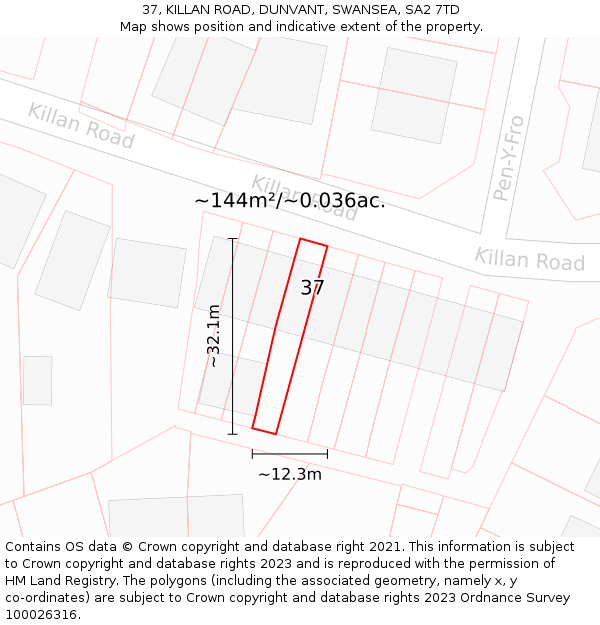 37, KILLAN ROAD, DUNVANT, SWANSEA, SA2 7TD: Plot and title map