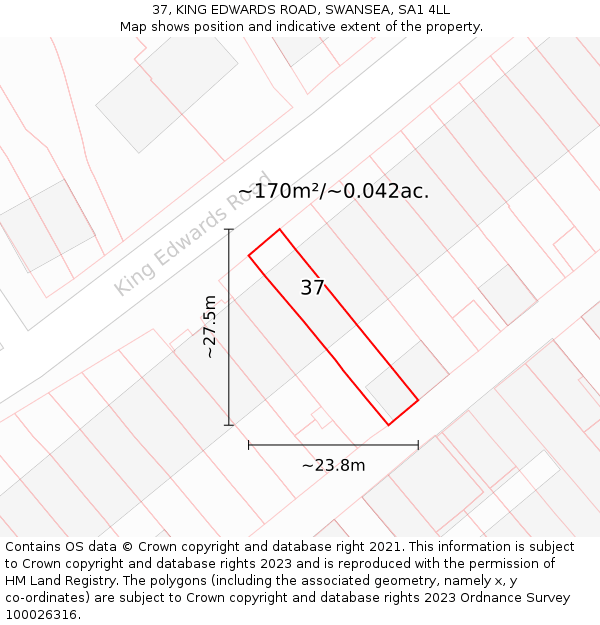 37, KING EDWARDS ROAD, SWANSEA, SA1 4LL: Plot and title map