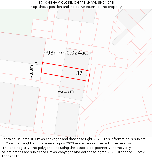37, KINGHAM CLOSE, CHIPPENHAM, SN14 0PB: Plot and title map