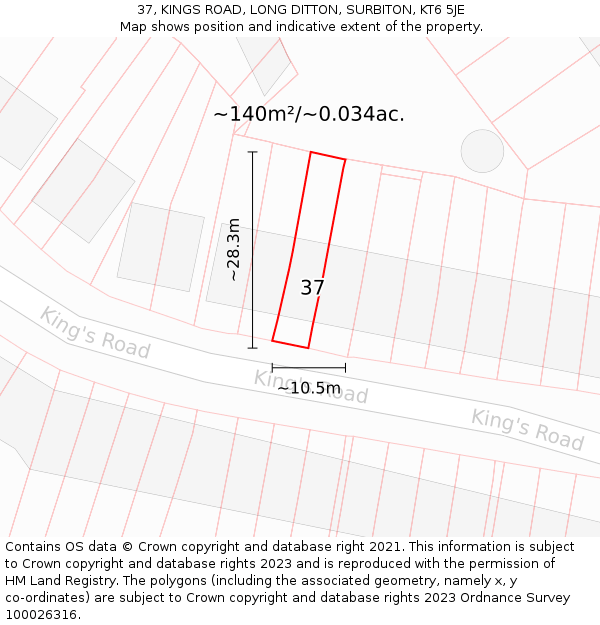 37, KINGS ROAD, LONG DITTON, SURBITON, KT6 5JE: Plot and title map