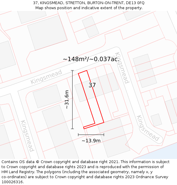 37, KINGSMEAD, STRETTON, BURTON-ON-TRENT, DE13 0FQ: Plot and title map