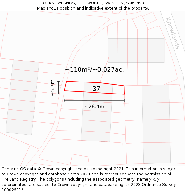 37, KNOWLANDS, HIGHWORTH, SWINDON, SN6 7NB: Plot and title map