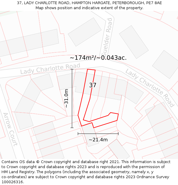 37, LADY CHARLOTTE ROAD, HAMPTON HARGATE, PETERBOROUGH, PE7 8AE: Plot and title map