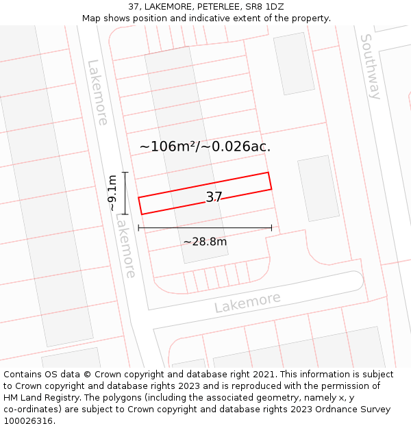 37, LAKEMORE, PETERLEE, SR8 1DZ: Plot and title map