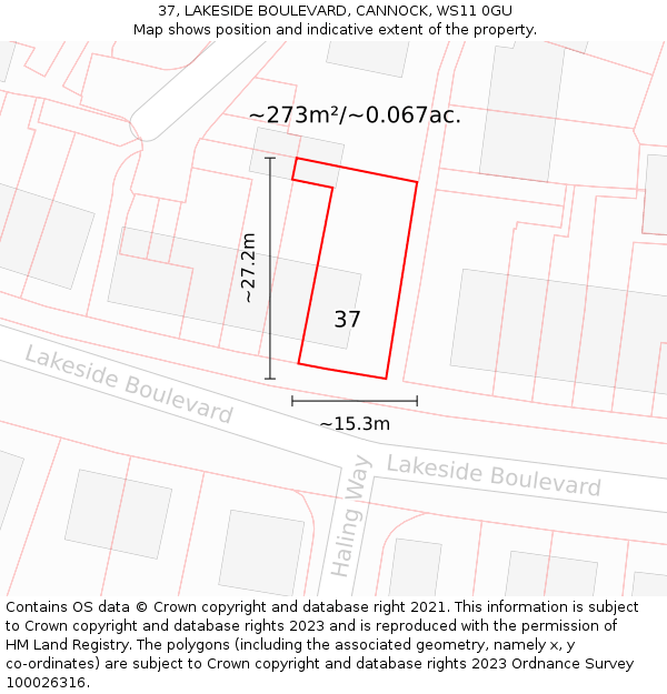 37, LAKESIDE BOULEVARD, CANNOCK, WS11 0GU: Plot and title map