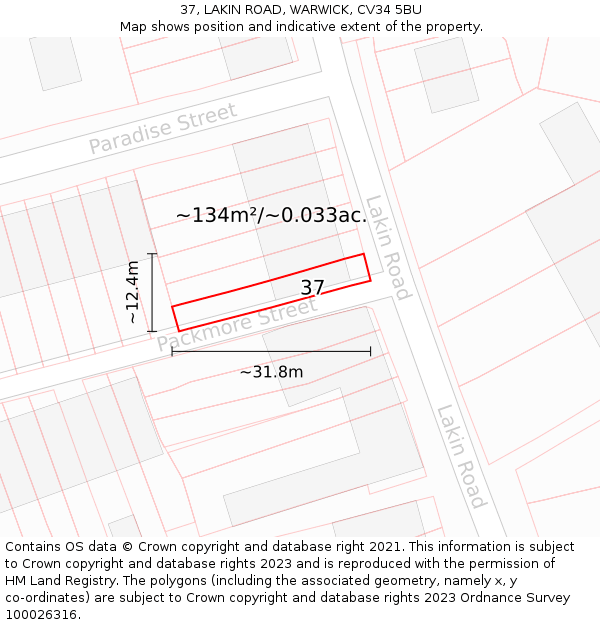 37, LAKIN ROAD, WARWICK, CV34 5BU: Plot and title map