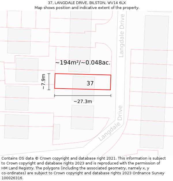 37, LANGDALE DRIVE, BILSTON, WV14 6LX: Plot and title map